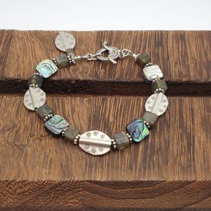 8 Inch 925 Sterling Silver Abalone Shell And Green Stone Squares Bracelet